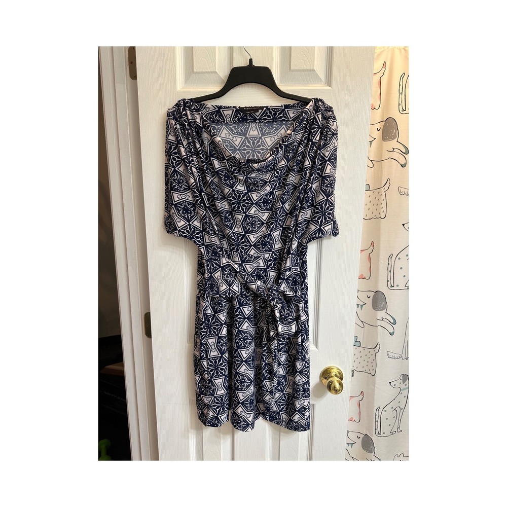 BCBGMAXAZRIA Navy White Geometric Print Draped Sleeveless Dress Large